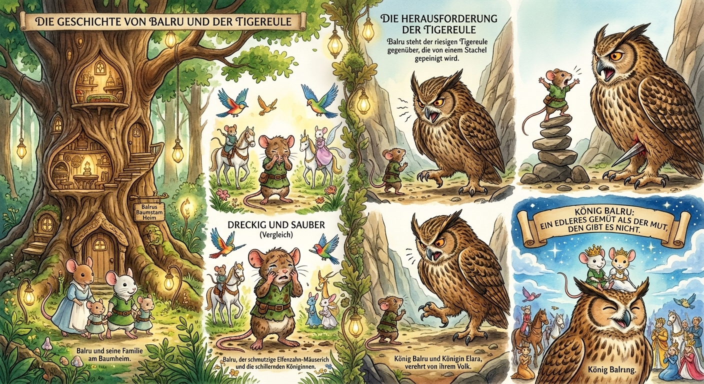Comic-Übersicht der Geschichte: Balru und die Tigereule in Bildern