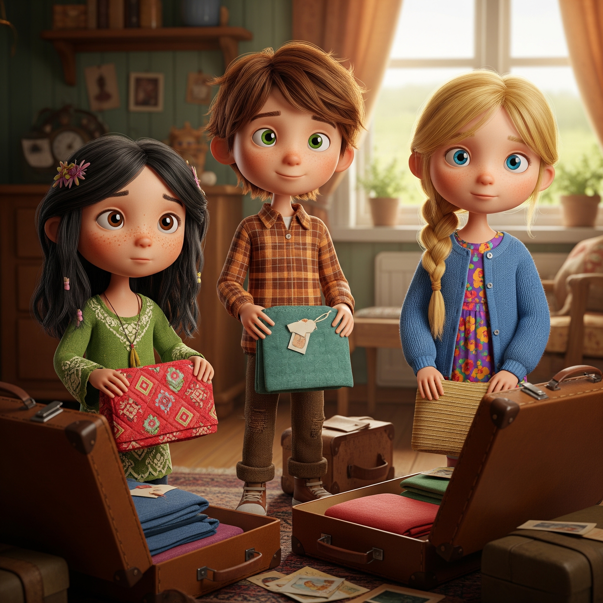 Die Kinder packen Koffer mit Kleidung und Büchern