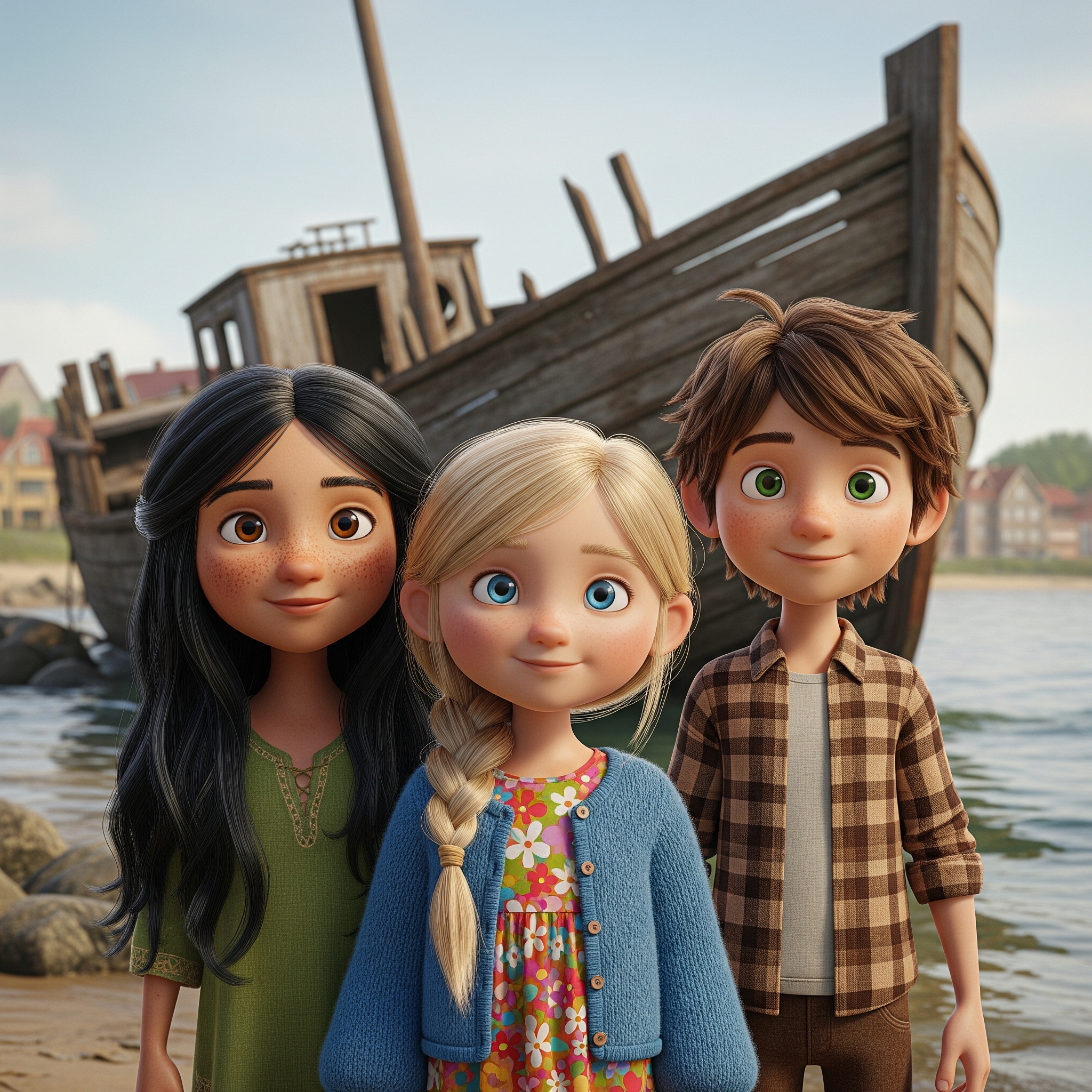 Die Kinder vor einem alten Schiffswrack am Hafen