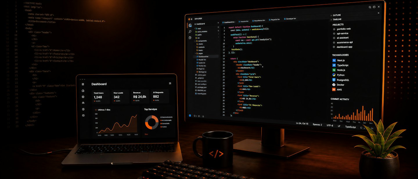 Ein Laptop und ein Monitor, die Softwarecode und Geschäfts-Dashboards anzeigen.
