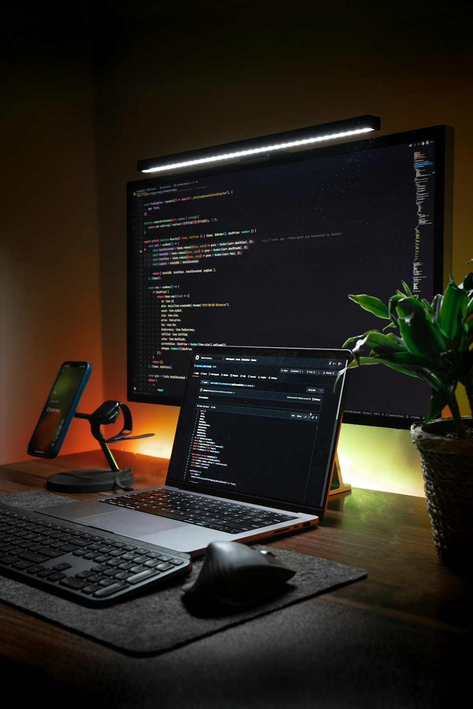 Schreibtisch eines Entwicklers mit Laptop, Monitor, Telefon und Pflanze.